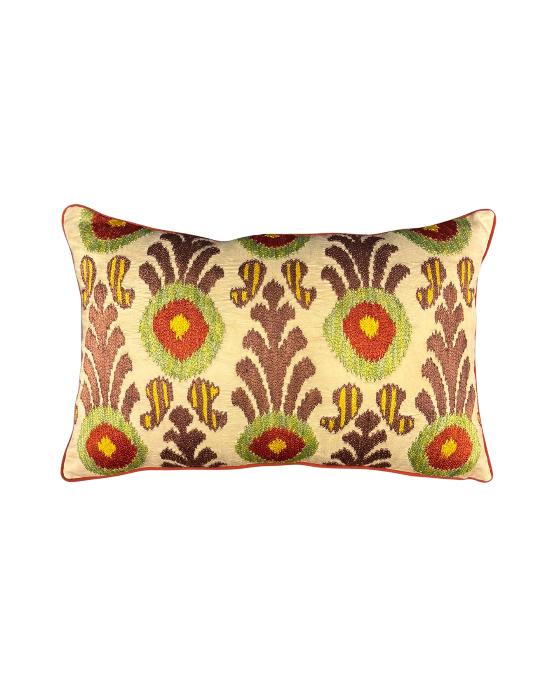 Cushion with a suzani front and an ikat back