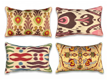 Cushion with a suzani front and an ikat back